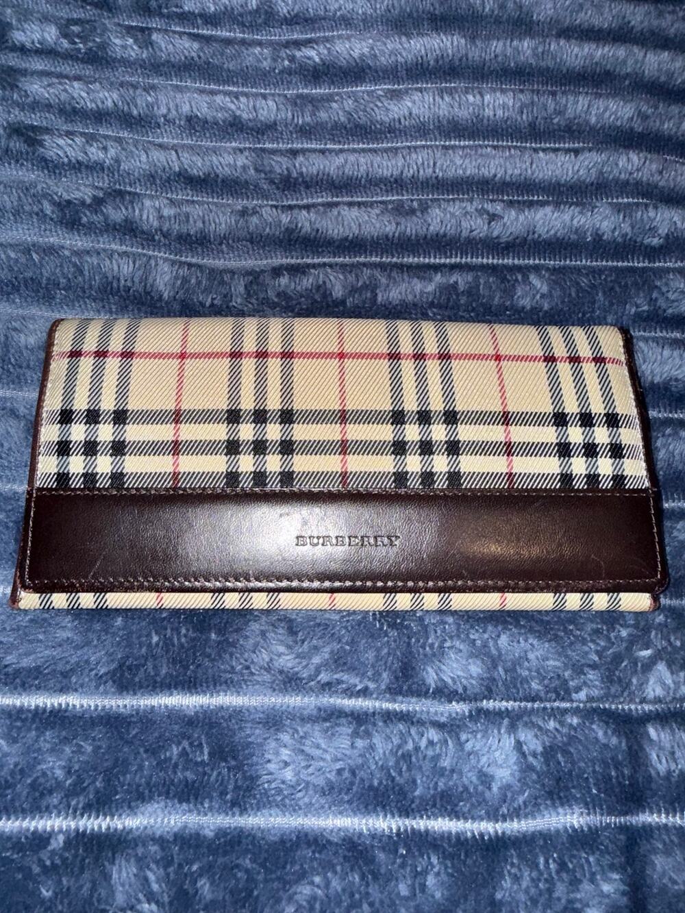 Vintage Burberry Haymarket Check Canvas & Brown Leather Long Continental Wallet